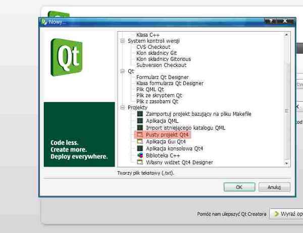 wybór nowego projektu programu qt creator